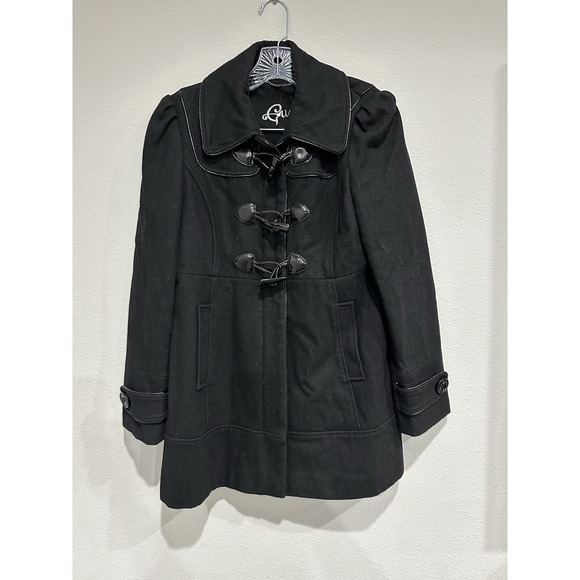 GUESS Pea Coat Womens Medium Petites Black Wool Blend Collared Lining - Picture 1 of 8